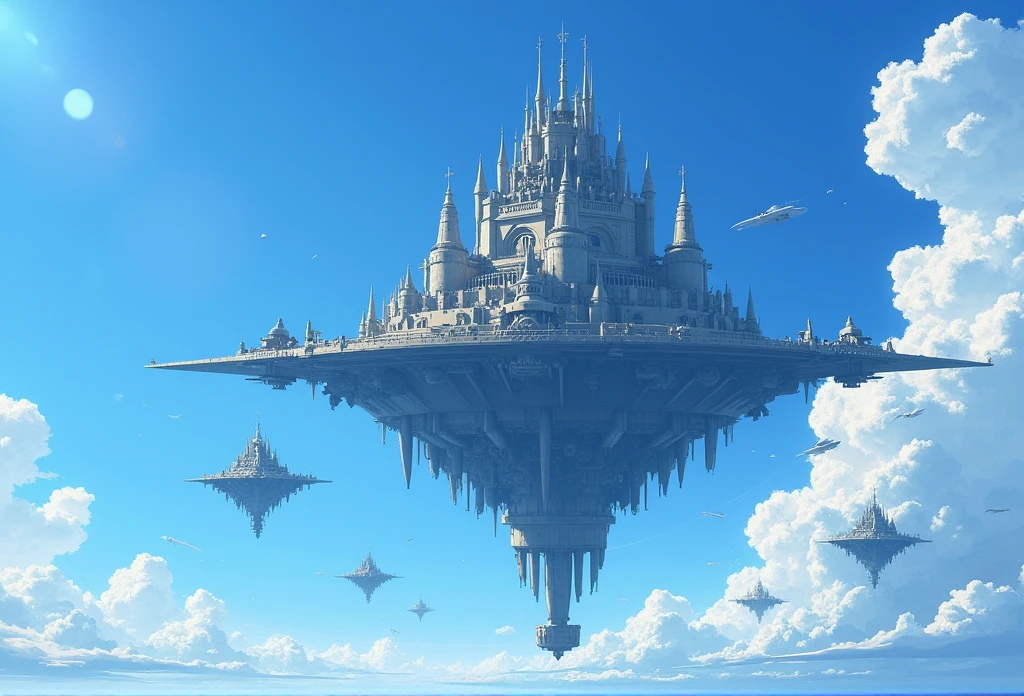 Laputa,Floating Castle,blue sky,Sky High,Many battleships,From below,Flying robot