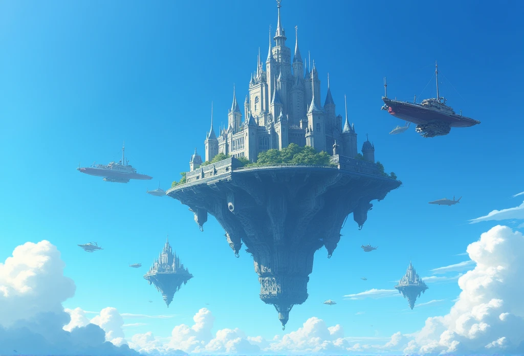 Laputa,Floating Castle,blue sky,Sky High,Many battleships,From below,Flying robot