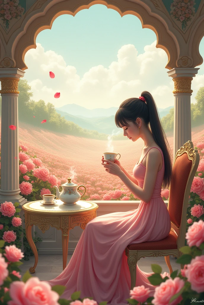 Girl sitting on a chair drinking tea in the dome, among the rose garden, There is a tea set on the table., panoramic view of the garden