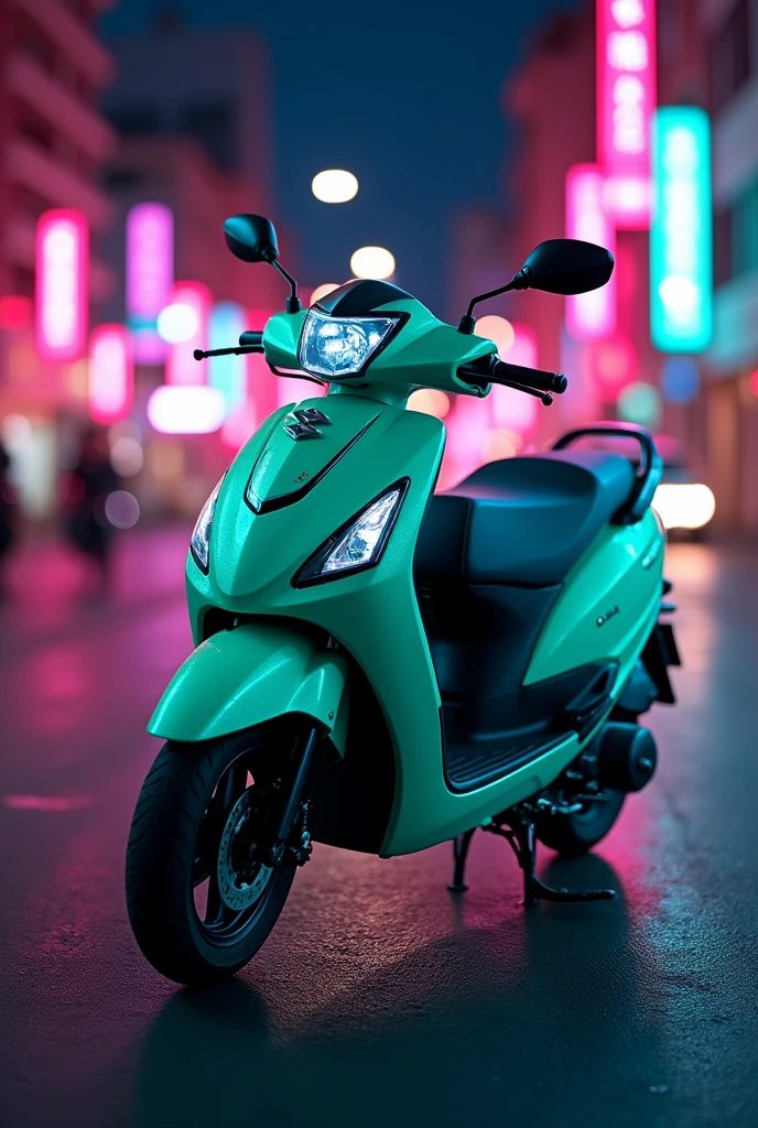 suzuki access 125 ice green colour neon light at night at road
