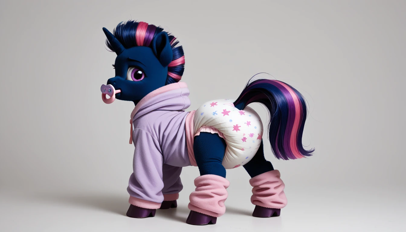 pony, Unicorn, purple wool, dark blue mane with purple streak and pink streak, the tail is dark blue with a purple strand and a pink strand, purple eyes, stands on four hooves, rear hooves spread wide apart, adult filly, dressed in a onesie and booties, pacifier in mouth, solo, thick diaper under clothes.
