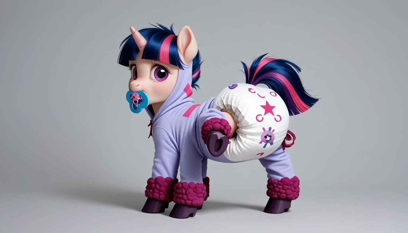 pony, Unicorn, purple wool, dark blue mane with purple streak and pink streak, the tail is dark blue with a purple strand and a pink strand, purple eyes, stands on four hooves, rear hooves spread wide apart, adult filly, dressed in a bodysuit and booties, pacifier in mouth, solo, thick diaper under clothes.