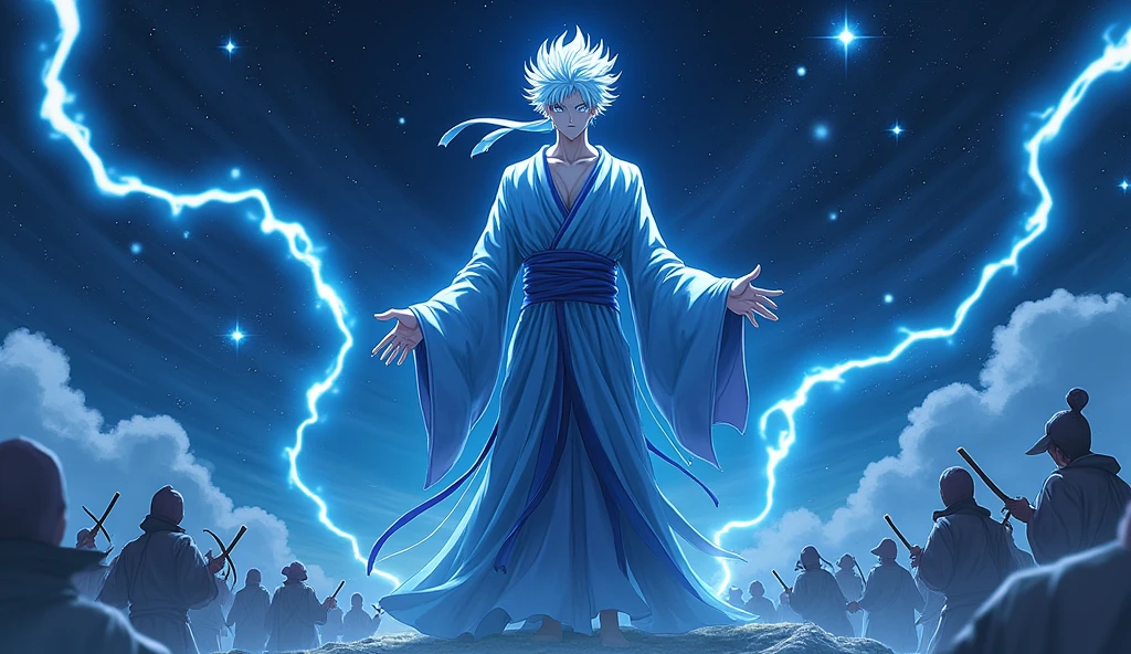 Create 8k immage ( Jujutsu kaisen anime character gojo saruto) . He is looking very beautiful and he has many enemies behind him and he is fighting with them and the beauty in his eyes is very beautiful as like anime looks. The sky was very dark and there were many stars in the sky when he was fighting . He looked very powerful and had lighting effects around him.