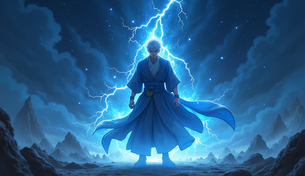Create 8k immage ( Jujutsu kaisen anime character gojo saruto) . He is looking very beautiful and he has many enemies behind him and he is fighting with them and the beauty in his eyes is very beautiful as like anime looks. The sky was very dark and there were many stars in the sky when he was fighting . He looked very powerful and had lighting effects around him.