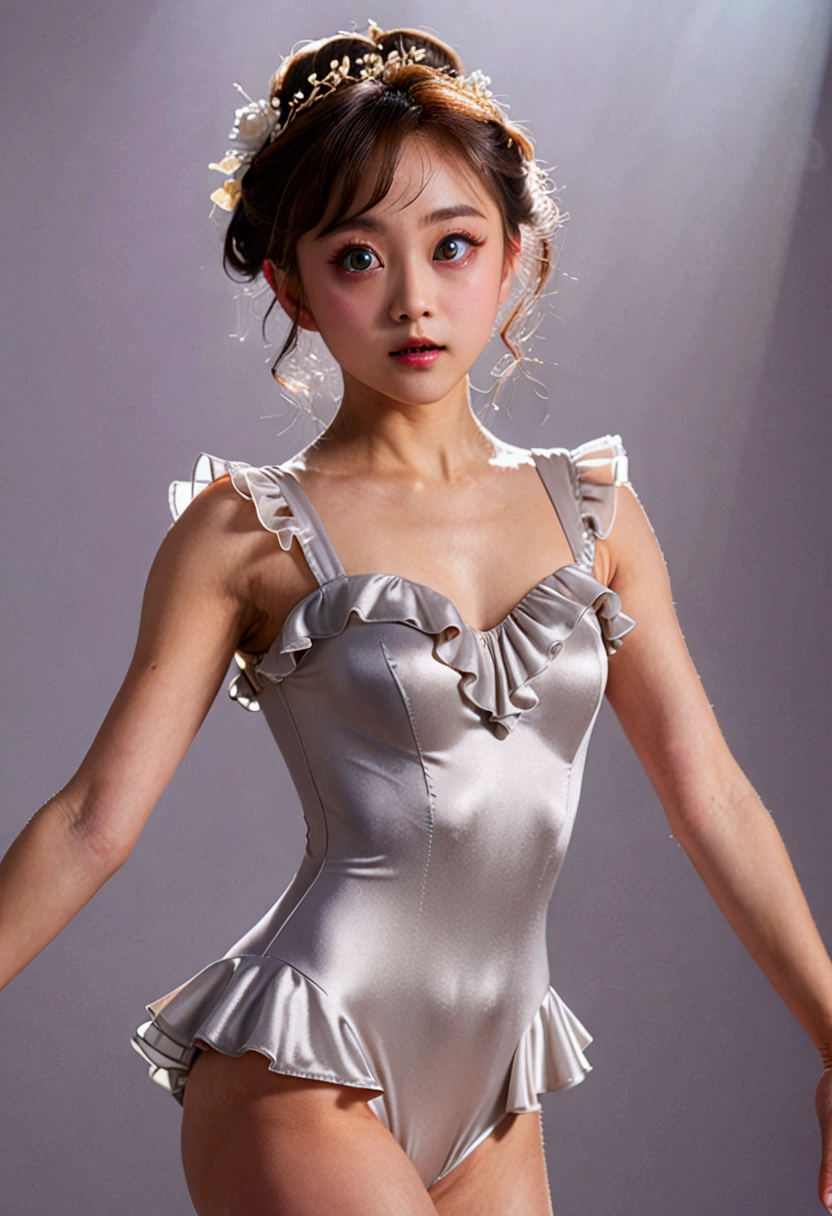 Tabletop, Highest quality, 8k, 、, ((、Small and flat chest))、((Big eyes))、Tear bags、 ((Gray background))、Soft rays of light、RAW Photos, Absurd, ((笑faceの目で、笑face)),(( face:2.0))、((Upper Body))、((若いface:1.6)),alone, Daytime, ((Idol face:.1.7)), ((Delicate girl))、((Ruffled leotard)),((Upright presence ,)),Digital single-lens reflex camera, ((Looking at the audience)), Frank, Sophisticated, Thin arms, Soft rays of light、Professional Lighting, Film Grain, chromatic aberration, (Eyes and faces with detailed:1.5), (Bokeh:1.1),((From the buttocks up)),((Shooting from the side))