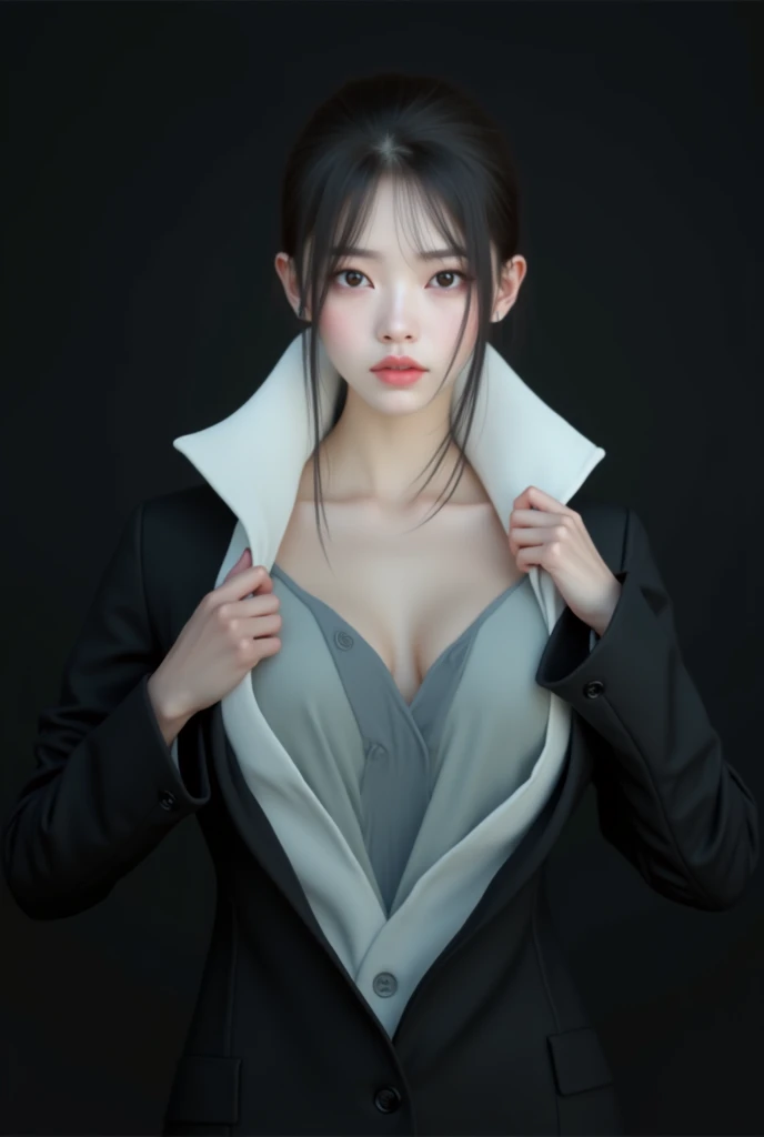 a beautiful woman in a black suit, slender figure, long dark hair, japanese woman, extremely detailed face and eyes, detailed hair, high quality, ultra-detailed, 8k, realistic, cinematic lighting, photorealistic, dramatic lighting, warm tones, professional, masterpiece