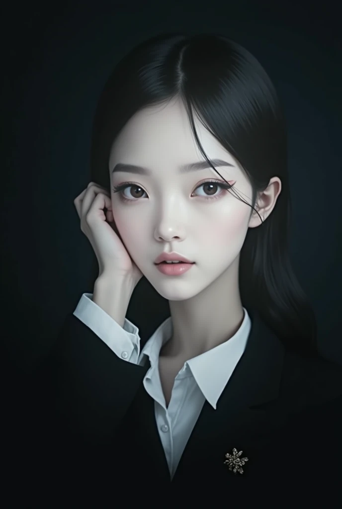 a beautiful woman in a black suit, slender figure, long dark hair, japanese woman, extremely detailed face and eyes, detailed hair, high quality, ultra-detailed, 8k, realistic, cinematic lighting, photorealistic, dramatic lighting, warm tones, professional, masterpiece