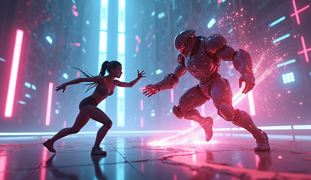 (ultra detailed), cyber punk、 In a virtual reality space、A scene in which a male dance group member uses the power of AI to fight a CG enemy character.。