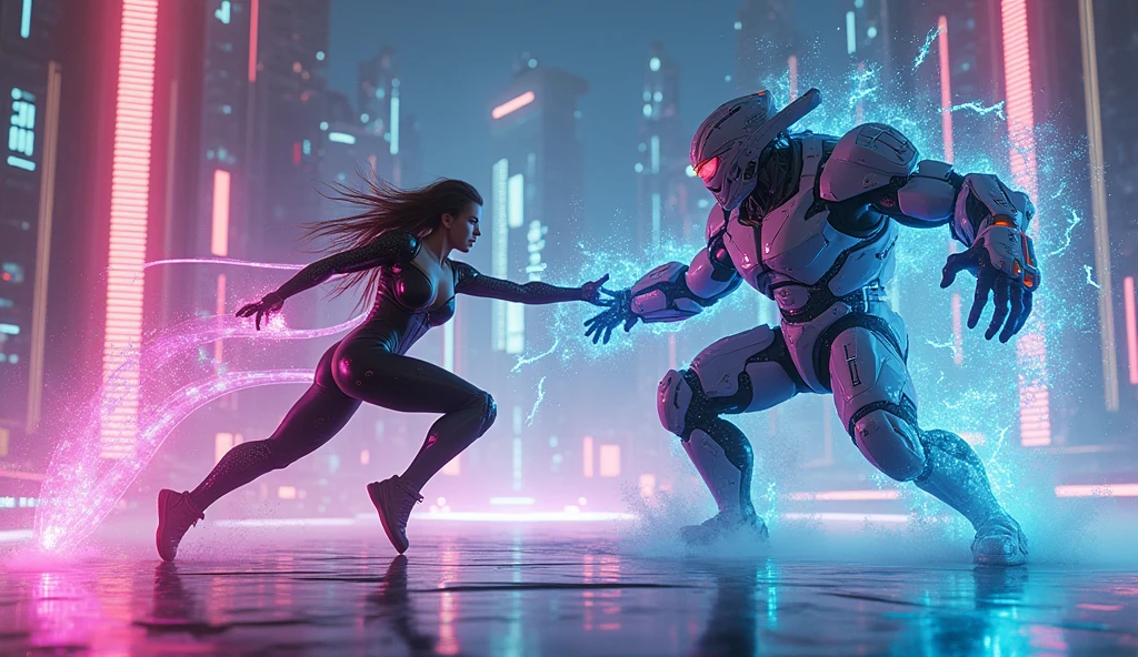 (ultra detailed), cyber punk、 In a virtual reality space、A scene in which a male dance group member uses the power of AI to fight a CG enemy character.。