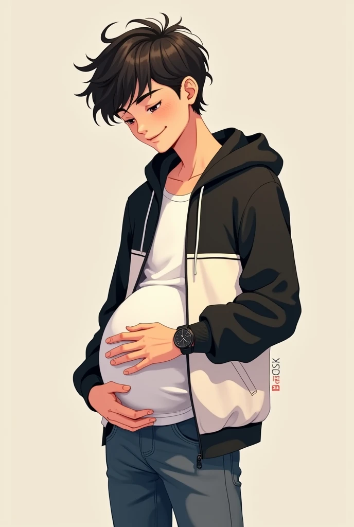 A Cute Handsome Boy 1 boy Wearing white and Black Hoodie and jeans and watch on hand and fluffy hair and 1 month faint baby bump In stomach and hand on stomach..Anime