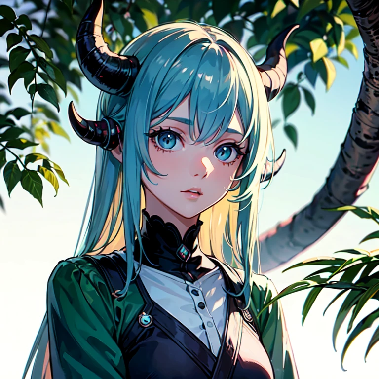 1girl, horns and tail, green simple clothes, detailed face, detailed eyes, body detailed, village trade, morning soft light,