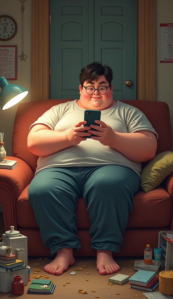 A FAT TEENAGER SITTING ON THE SOFA TRYING ON HIS CELL PHONE WITH A BUNCH OF BS NEXT TO HIM