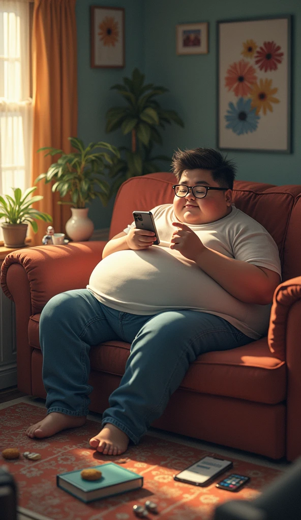 A FAT AGER SITTING ON THE SOFA TRYING ON HIS CELL PHONE WITH A BUNCH OF BS NEXT TO HIM