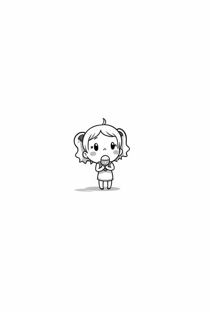 （Most of the background is solid white color.），Simple  cute cartoon girl, doodle, minimalist, black and white, , eating ice cream