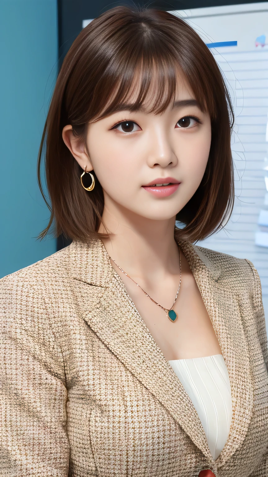 RAW Photos, High resolution, Very detailed, Intricate details, 、ear piercing、Expressionless、short hair、Light brown hair、Clear beauty,(High quality fabric, Office Lady Suits 、Necklace around the neck、, The background is the office