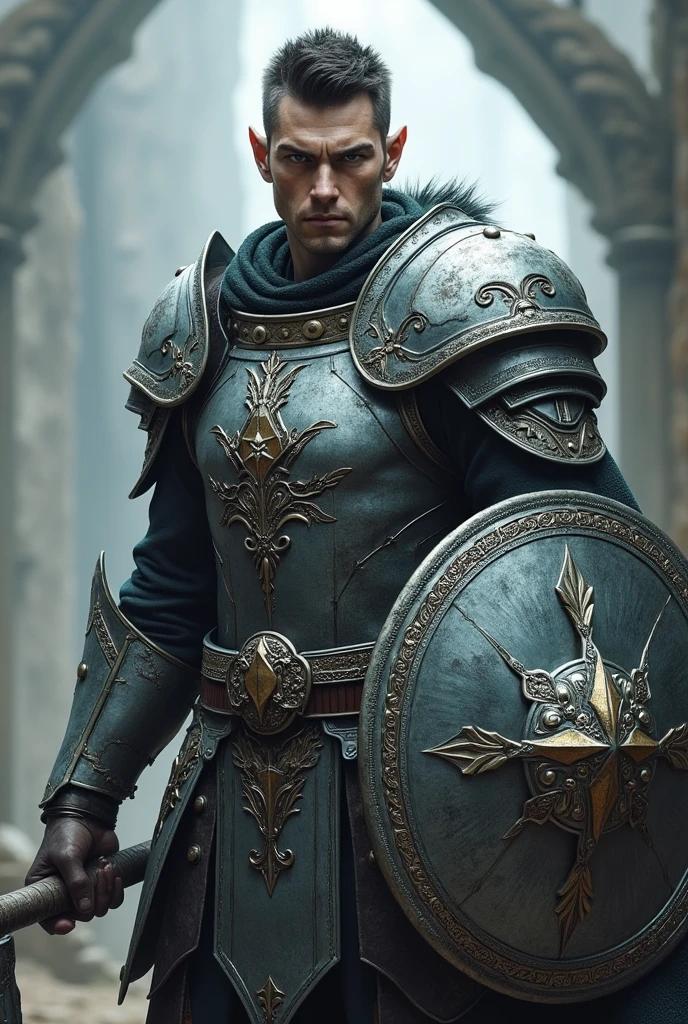 Male elf dark short hair White skin dark blue eyes no beard with silver heavy armor , Flail morningstar and tower shield
