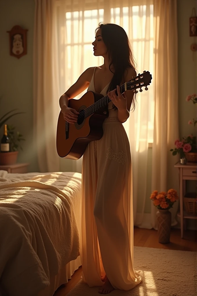 A woman is standing in her bedroom playing a guitar.