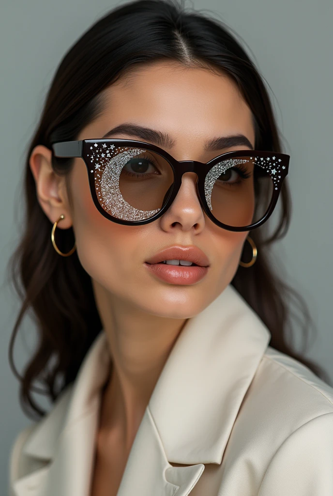 The model is wearing glass sunglasses with stars and the moon on the glass