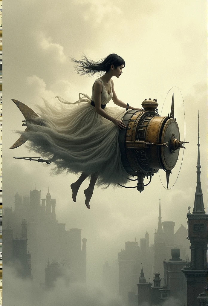 Chinese ink style，Steampunk World，Steampunk flying machine girl，Float in the air of the city，Thick Clouds，inkアニメーションアート，inkコミックアート，water ink，ink，Dirt，8k，delicately painted，Masterpieces，