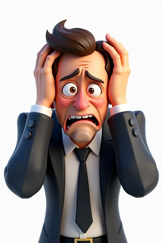 a disney pixar 3d cartoon of a businessman in portrait mode desperate with both hands on his head, Sem saber o que fazer. white background