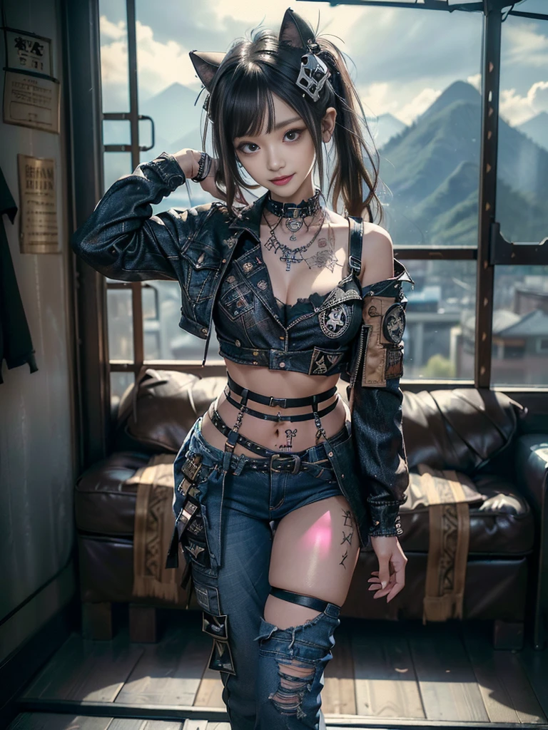 (Beautiful lips and nose:1.4)、(Long eyelashes:1.4)、(Smiling with teeth showing:1.3),(Shibuya Gal:1.5)、(Goth delicate embellished dress:1.5)、(Tattered denim and black punk rock cargo pants:1.5)、(Denim and black navy skull mark small jacket:1.4)、(denim garter belt:1.5)、(Black and denim knee socks:1.3)、(Skull Silver Accessories:1.5)、(Denim collar:1.3)、(Brown Skin Belt:1.4)、(Brown boots:1.2)、(The underwear is striped:1.4)、3、((Highest quality、In 8K、masterpiece:1.3))、Sharp focus:1.2、(Layered Cut、Huge boobs:1.1),Beautiful woman with perfect figure:1.4、(Dancing vigorously:1.3)、Slender Abs:1.2、Highly detailed face and skin texture、Detailed eyes、double eyelid,(Twin tails:1.3)、(Brown-golden hair:1.3)、Gravure idol、(The background is a vast mountain with a clear view々Beautiful luxury resort destination in Europe:1.3)、(Slim Body:1.2),(Make your legs thinner:1.4),(clavicle:1.1)