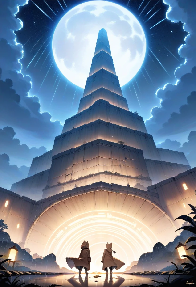 rating_safe, score_9, score_8_up, score_7_up, score_6_up, score_5_up, score_4_up, hires, highres, source_furry, cover page(kemono, furry anthro, boys, girls, fox, Golden fur, Golden yellow face fur, Red eyes, Brown elements on fur, Brown coat brown hood up)Plant elements in ruins, lichen, There is no other life, Night, starry sky, Vast landscape, moon full, meteors, Star cloud, Warm light source, Rained, wet clothes, overcast sky, Beautiful lights and shadows, Ambient light, Volumetric lighting, Dynamic configuration, Highly detailed and colorful details, luminous lighting, Atmospheric lighting, dream magical, magic, Glowing light,