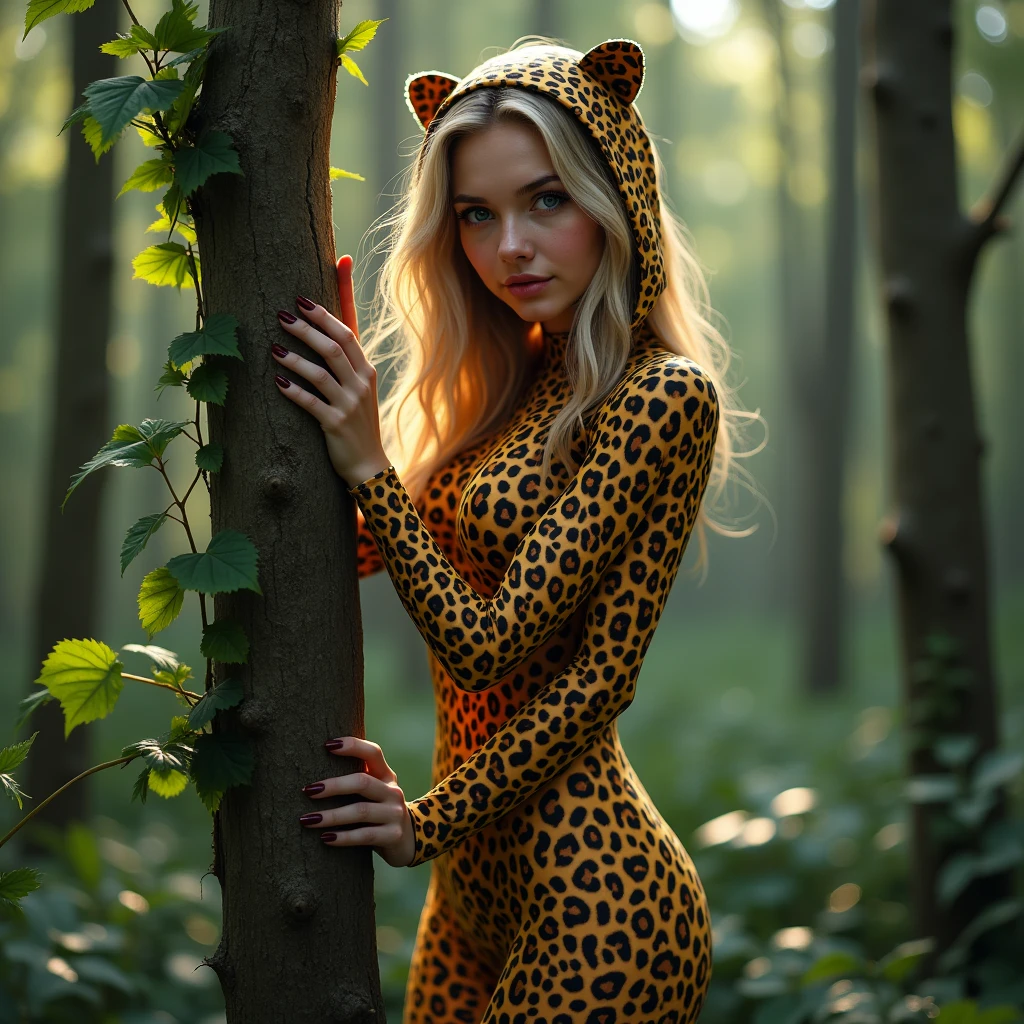 the cute,slender thin and handsome jumgle teenager beatifull woman 30 anos hair blond eyes blue with beautiful cheeks wears leopard print lycra turtleneck unitard catsuit covered with black seamless spots and always wear leopard colour print lycra elastane stretchy dance wear hood covered with leopard seamless spots.He climbs a tree in the forest.