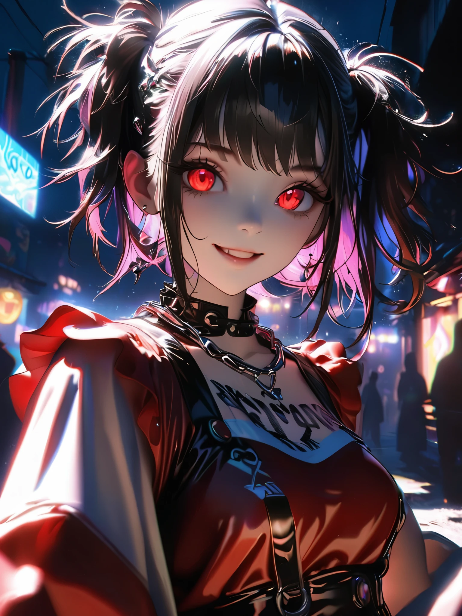 1 girl, chromatic aberration, Written boundary depth, Soft Light, masterpiece, Highest quality, complicated, Tone Mapping, A place where fireworks are set off at festivals. Concept Art, Smooth, Clear focus, Dramatic lighting, Very cinematic, super practical painting, アートステーション's trending, 8k, Incredible Shadows, practical, whole body, View, Viewers, Portrait of a Girl 1, standing on street corner, Heavy rain and lightning、Dark Sky, neon and cyber punk background, she is dressed in punk clothing with silver chains and silver spikes, Her hair was dyed a bright black color..........Ominous aura of light, smile, punk, ciber punk, Backlight.Fashionable clothes、Friendly dress code:Wearing a cute red dress.My breasts are a little big.Beautiful red eyes
