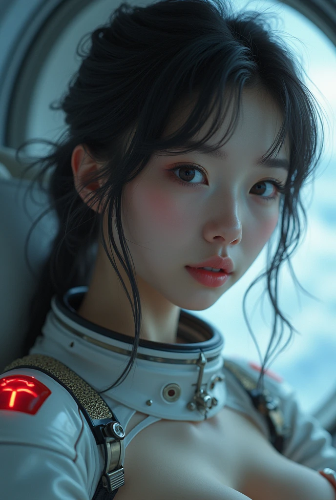 (8k, RAW photo, best quality, masterpiece), (photorealistic), outstanding details, ultra-high resolution, anatomically correct, textured skin, (Extremely precise and accurate anatomy),

(wide lens effect), (outer space), astronaut, extravehicular activity, EVA, weightlessness, zero gravity, spacewalk, 
(Cute Japanese girl , 20-year-old), large breasts, upper body


(dramatic lighting), cinematic lighting, 