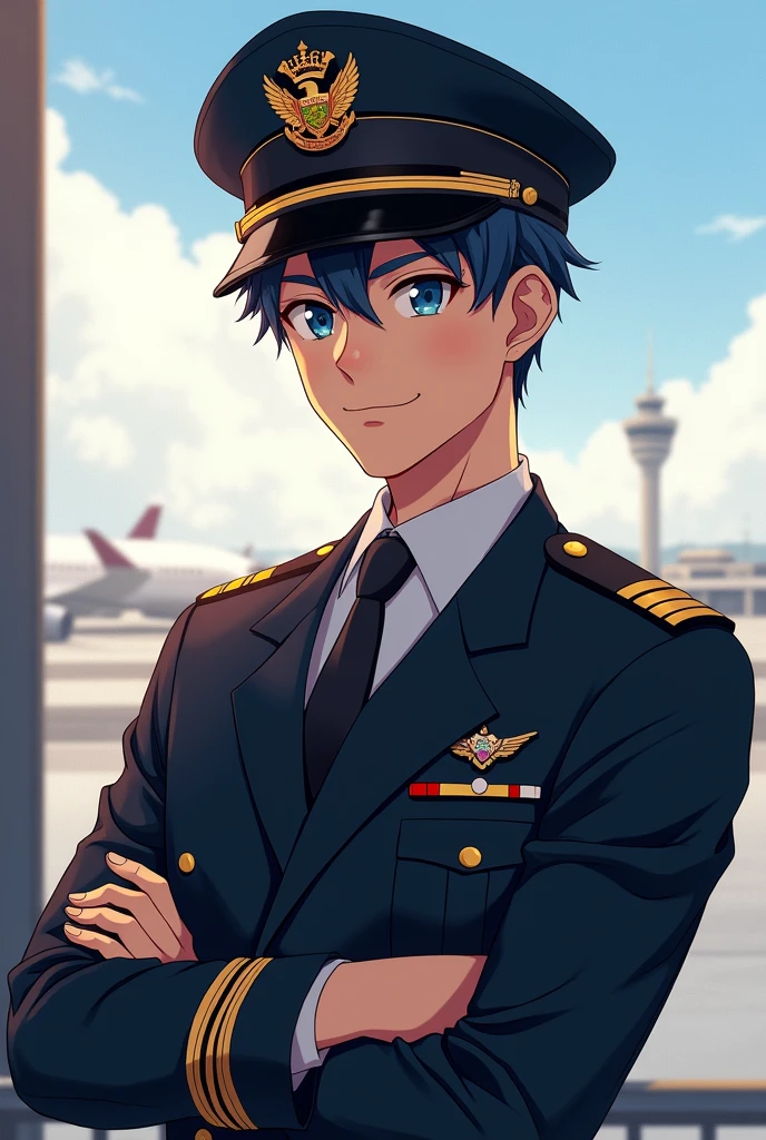 Man anime Character with Airline Pilot Uniform and Cap