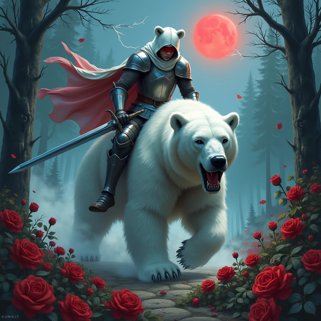 Male knight with a white hood with bear ears wielding a double-edge sword is riding a polar bear in a forest while the moon shines, many Roses cover the ground and lightning falls from the sky. The polar bear has black eyes and an aggressive appearance. Only the man wears a red blindfold. In the background of the picture is the blood moon. The forest is full of trees with leaves.