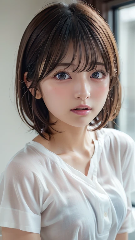 (8k, Photorealistic, RAW Photos, Best image quality: 1.4), Japanese girl、Short Bob、Super detailed face、Eye on the details、double eyelid、Sharp focus:1.2、Beautiful woman:1.4、Light brown hair、Highest quality、masterpiece、Ultra-high resolution、(Photorealistic:1.4)、Highly detailed and professionally lit smiles、(Oversized WhiteTshirt:1.5)、blush、Open your mouth a little、Watery eye、amount、erect nipples、Thighs