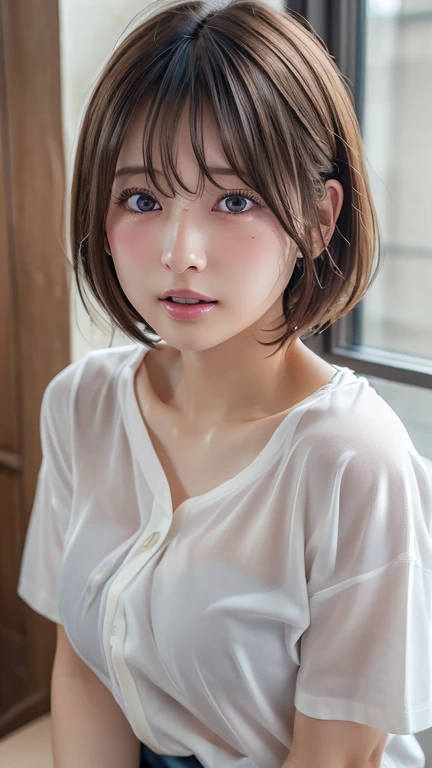 (8k, Photorealistic, RAW Photos, Best image quality: 1.4), Japanese girl、Short Bob、Super detailed face、Eye on the details、double eyelid、Sharp focus:1.2、Beautiful woman:1.4、Light brown hair、Highest quality、masterpiece、Ultra-high resolution、(Photorealistic:1.4)、Highly detailed and professionally lit smiles、(Oversized WhiteＴshirt:1.5)、blush、Open your mouth a little、Watery eye、amount、erect nipples、Thighs