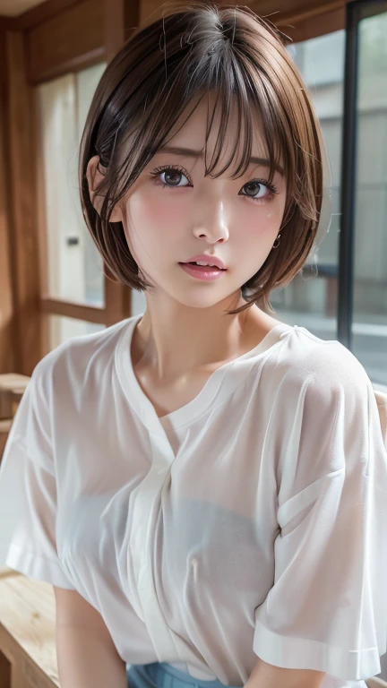 (8k, Photorealistic, RAW Photos, Best image quality: 1.4), Japanese schoolgirl、Short Bob、Super detailed face、Eye on the details、double eyelid、Sharp focus:1.2、Beautiful woman:1.4、Light brown hair、Highest quality、masterpiece、Ultra-high resolution、(Photorealistic:1.4)、Highly detailed and professionally lit smiles、(Oversized WhiteＴshirt:1.5)、blush、Open your mouth a little、Watery eye、amount、erect nipples、Thighs
