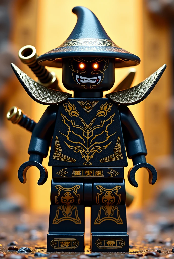 Créer moi un lego ninja go avec 4 bras en or le premier maitre du spijisufuturiste de la dernière puissance dimensionaire et doit être en lego un ninja avec un chapeau de paille pointu en noir sur la tête avec un masque de oni de couleur or et noir profond sur la tête et doit avoir un bandeau autour de la bouche et du cou en or avec des dents pointues avec une peau sombre ???? et il faut des traces d’électricité jaune et bleu foncé dans le visage et un regard terrible de noirceur avec des yeux ridé en violet fonce profond brillant avec une puissance incroyable avec comme puissance élémentaire l’électrique, l’énergie, la terre, le feu, la glace. Les habits du ninja doit être tout noir avec des traces grise anthracite, bleu foncé et golden suprême et fer anthracite avec des reure en forme d’électricité bleu clair et jaune brillant et des écritures japonaises et le parchemin antique sacré le plus puissant en golden. Un ninja imbattable monstrueux beaucoup trop puissant qui contrôle tous les pouvoirs élémentaires. Le ninjadoit être destructeur et soif de victoire un gentil et mechant avec un sabre dans le dos