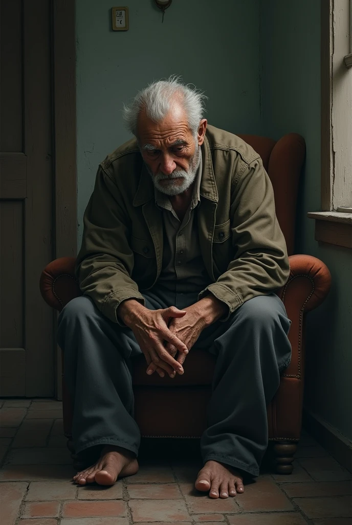 Crying old man in house 