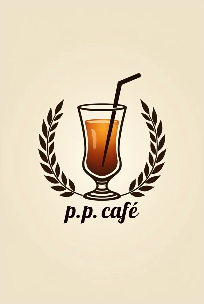 Design a cafe logo. In the logo, there is an attractive Amazon glass with a straw on a simple and luxurious background, and the word P.P. CAFÉ is in the logo. Change the font to be attractive. And in the font, there is a curved laurel leaf like a Roman symbol.