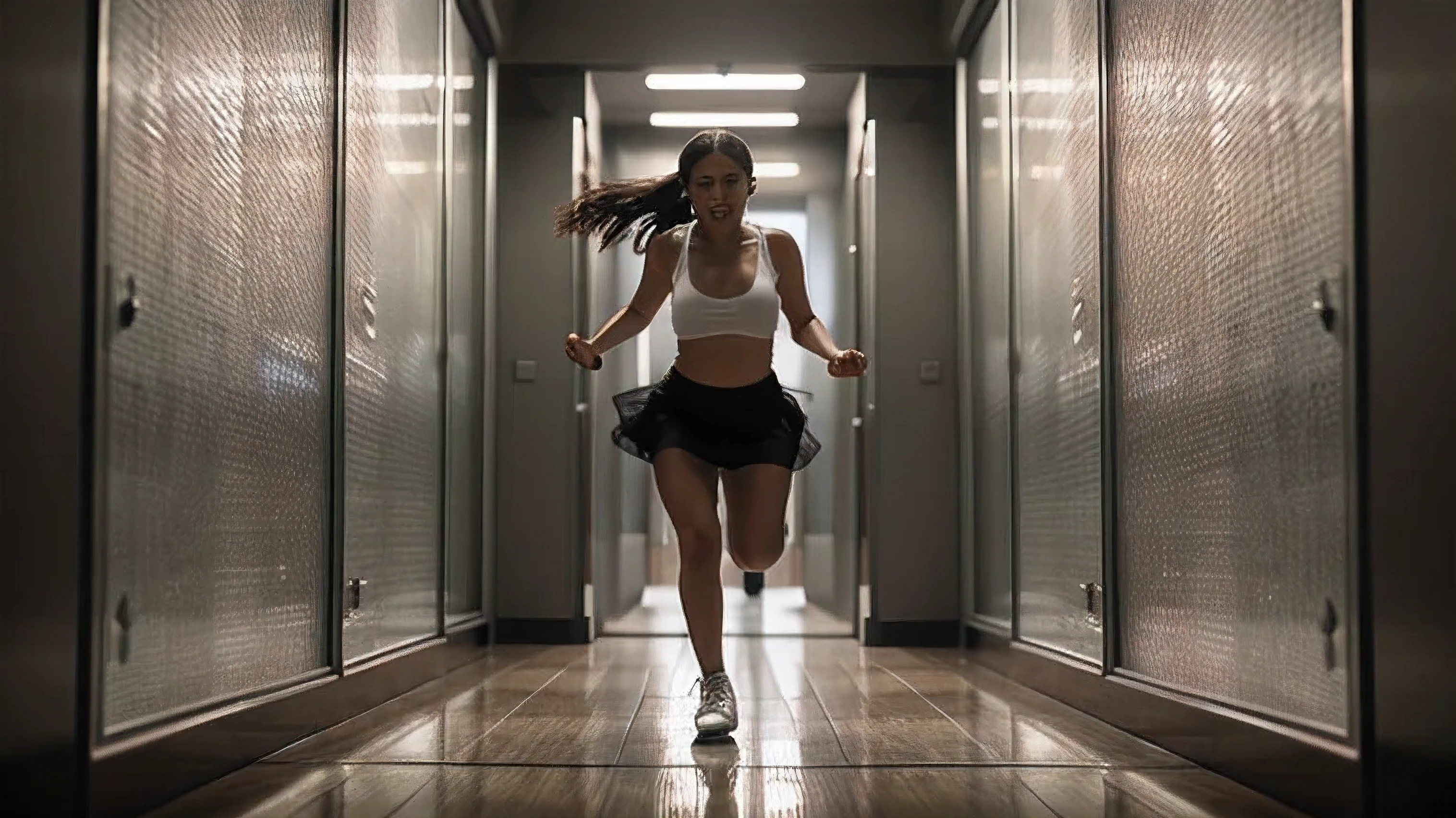 create a realistic highly details 8k resolution on  "Create a dark and eerie image of a 2 woman wearing a white short skirt, running away from fear as she enters a mysterious mirror maze. Show her body language conveying fear, with a terrified expression, and her arms pumping as she sprints. The woman is very scared and is running away due to fear. we looking behind,The mirrors distort her reflection, creating an unsettling atmosphere. Use dim lighting and shadows to amplify the tension. making it difficult for her to navigate the show some "reflection on the maze". Use dark colors and intense lighting to heighten the sense of disorientation."

Use dim lighting and shadows to amplify the tension." "( The woman is terrified and fleeing in fear.) Woman fear and scared running away. please make sure  use a little bit of dark scary tune 