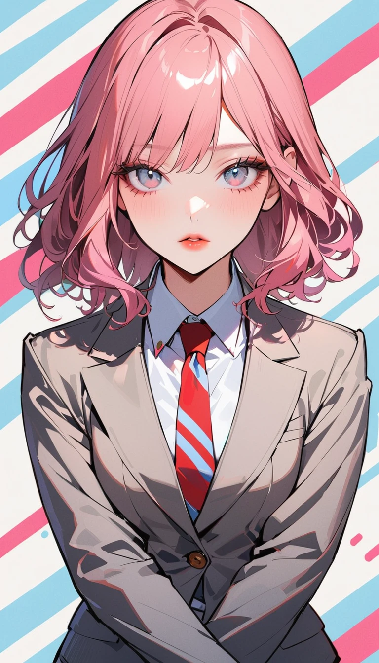1woman, solo, pink hair, gray eyes, detailed eyes, eyelashes, light lips, crisp expression, 25years old, fold hers arms, wear Gray suit with red stripes