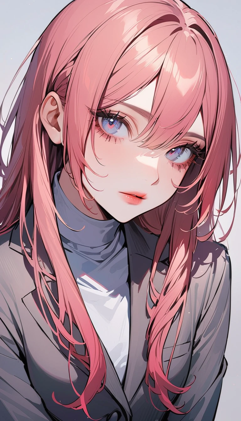 1woman, solo, pink hair, gray eyes, detailed eyes, eyelashes, light lips, crisp expression, 25years old, fold hers arms, wear Gray suit with red stripes