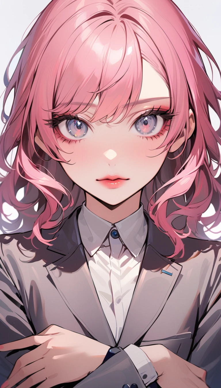 1woman, solo, pink hair, gray eyes, detailed eyes, eyelashes, light lips, crisp expression, 25years old, fold hers arms, wear Gray suit with red stripes