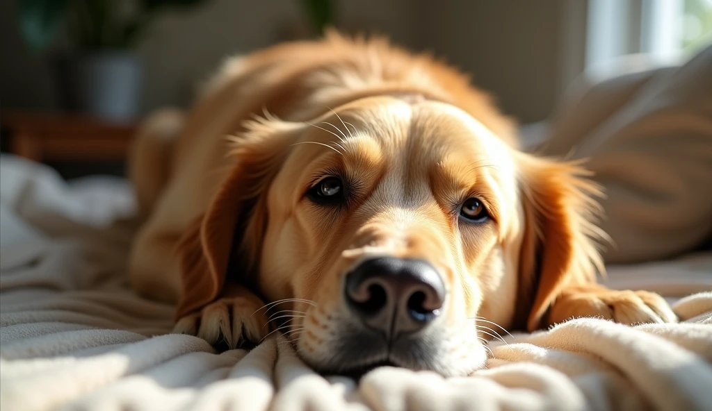 A close-up of an elderly Golden Retriever with a graying muzzle, lying peacefully on a soft, cozy bed. The dog has a warm, content expression, with bright eyes that reflect a lifetime of love. The setting is a sunlit living room, with soft rays of sunlight highlighting the dog’s fur, emphasizing the peacefulness and comfort in its old age,  Photorealistic, 8K, (best quality, 4K, 8K, high resolution).
