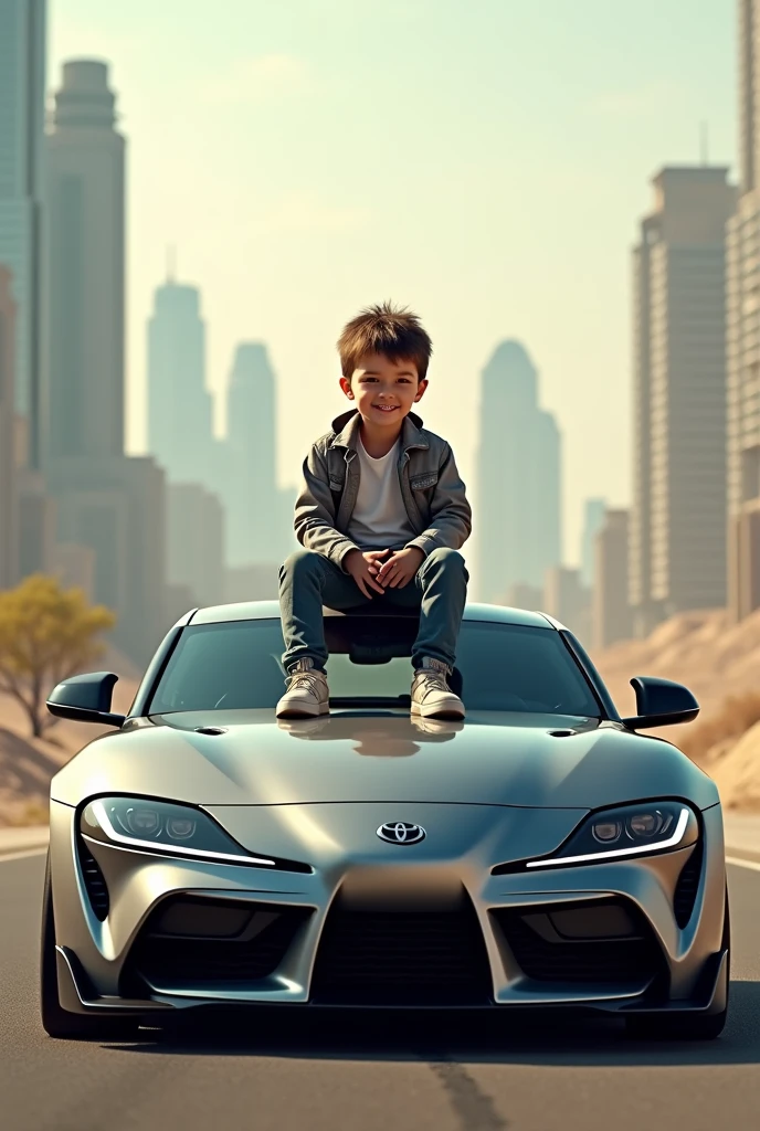 Boy sitting on car supra