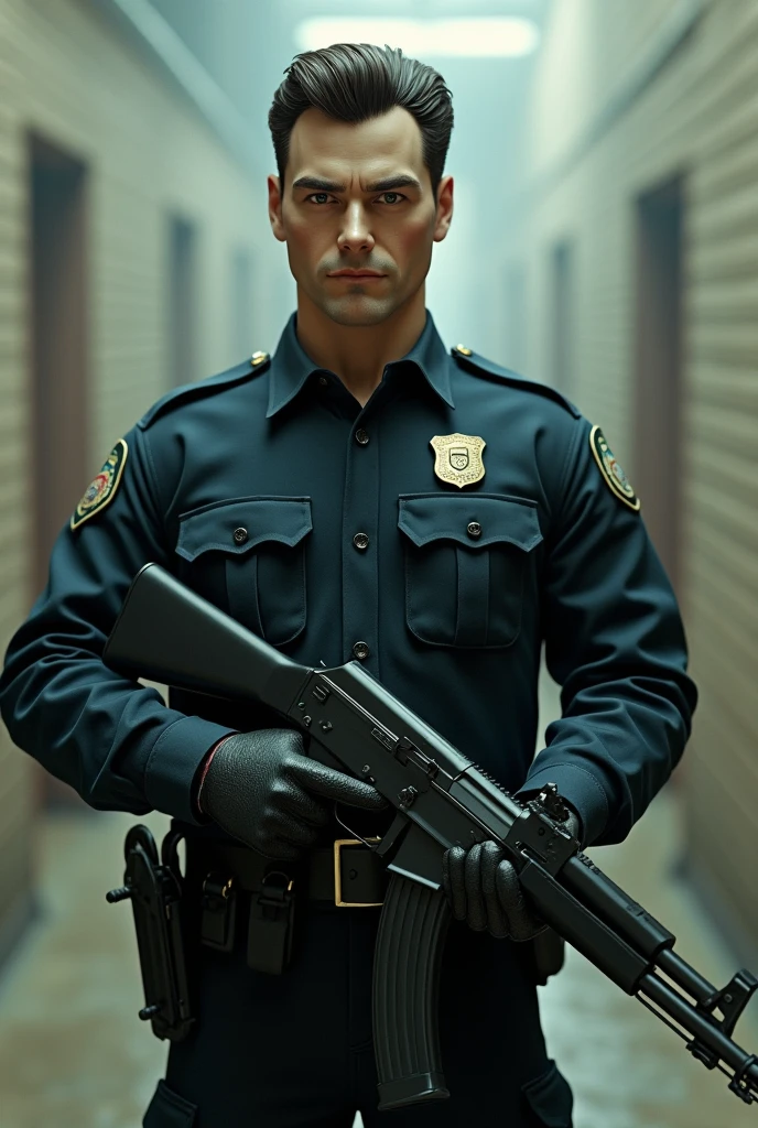A Ken Barbie Man dressed as a Policeman with an AK47 submachine gun in his hand