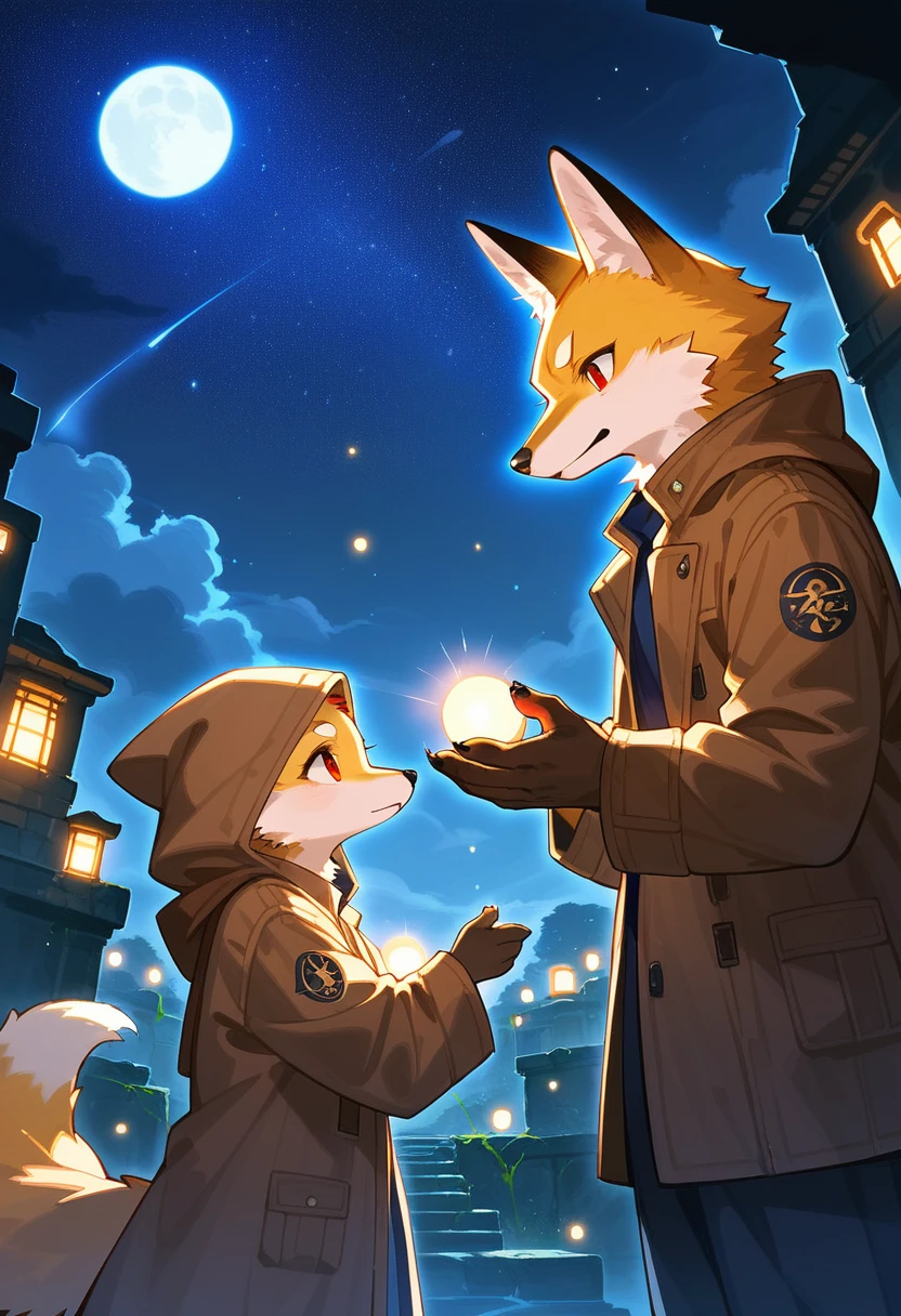 rating_safe, score_9, score_8_up, score_7_up, score_6_up, score_5_up, score_4_up, hires, highres, source_furry, cover page(kemono, furry anthro, boys, girls, fox, Golden fur, Golden yellow face fur, Red eyes, Brown elements on fur, Brown coat brown hood up)Plant elements in ruins, lichen, There is no other life, Night, starry sky, Vast landscape, moon full, meteors, Star cloud, Warm light source, Rained, wet clothes, overcast sky, Beautiful lights and shadows, Ambient light, Volumetric lighting, Dynamic configuration, Highly detailed and colorful details, luminous lighting, Atmospheric lighting, dream magical, magic, Glowing light,