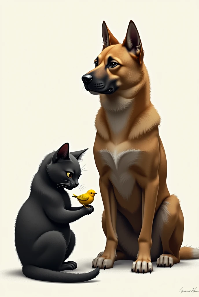 A black and white cat is gently holding a small yellow bird in its front paws. Behind the cat, a large, sturdy brown dog watches the scene with an alert expression, ready to intervene.