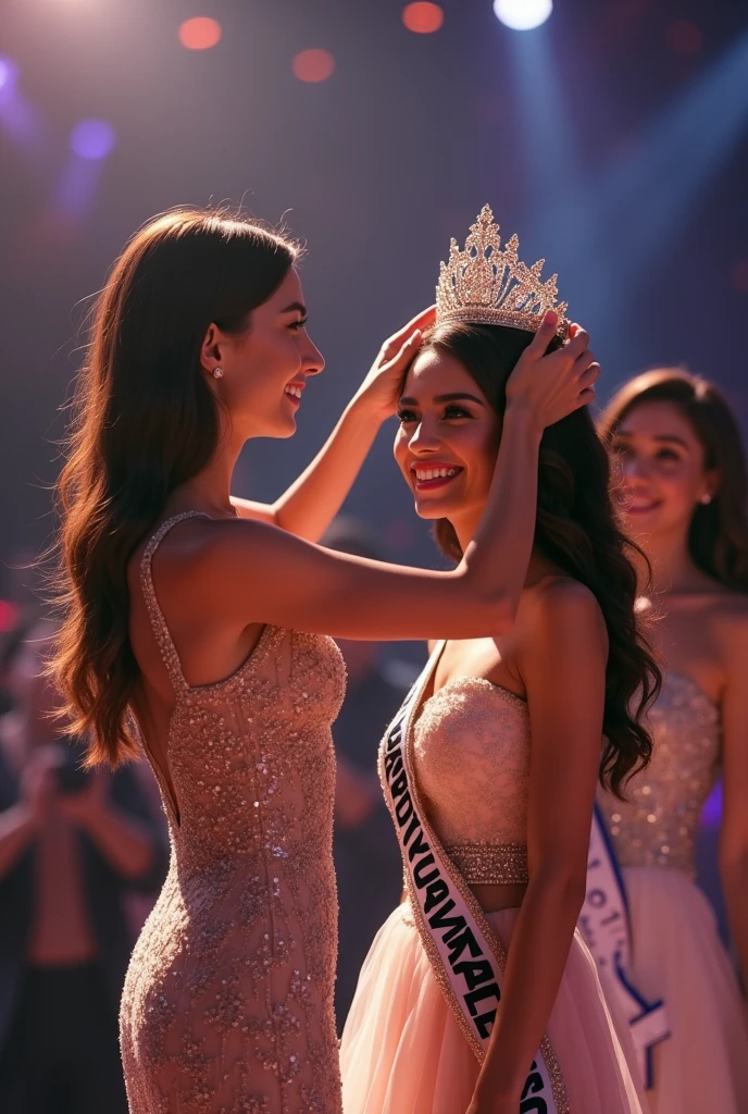 Crowning moment. The girl stand behind and put the crown on the new miss Universe. Wear evening gown.