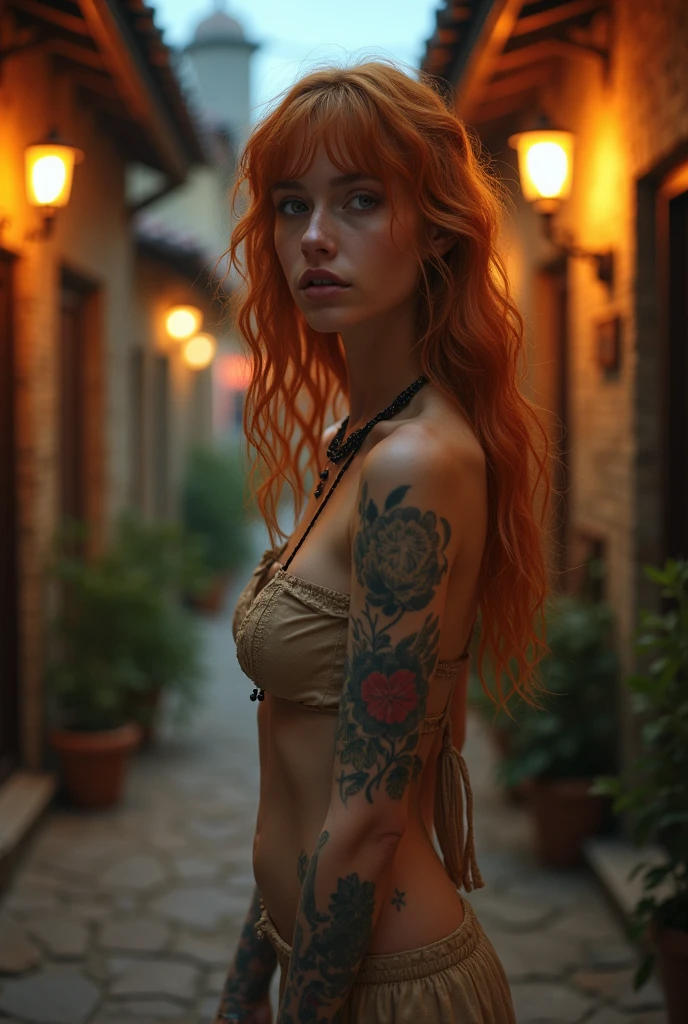 very detailed, 16k high resolution, incredibly detailed image, cinematic, best quality, masterpiece, realistic, detailed face, detailed background, dramatic lighting, girl, not yet 20, alone, beautiful natural reddish blonde, long, straggly and messy wavy hair. Extremely detailed facial expressions with sharp and piercing green eyes. A delicate, slightly cheeky face, subtly made up. She is tattooed and pierced. She has very small breasts and a slim figure., in good shape. A summery outfit in boho style, consisting of a beige mini dress and black ankle-high boots. In a small, medieval alley with a few bars. Evening atmosphere and neon lights.