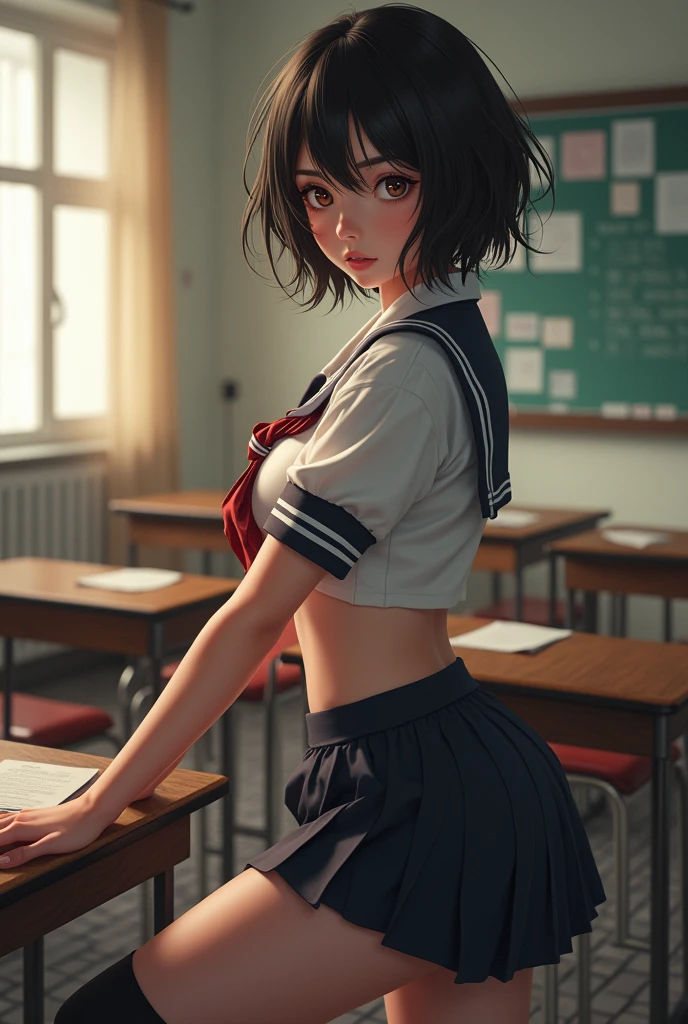 masterpiece, Highest quality, figure, Very detailed, The finer details, High resolution, 8k,wallpaper, Perfect dynamic composition,(Detailed high quality, Realistic depiction of eyes:1.3), From the side, High school classroom、Schoolgirl uniform、blazer 、Super Short Check Uniform Skirt、Navy blue knee-high socks、garter belt、huge 、Disheveled uniform,  short hair, (Wavy Hair:1.2), Short Bob Hair, 20-year-old girl、Cute type, Beautiful feet, Gravure idol pose, Voluptuous thighs and anal　spanking