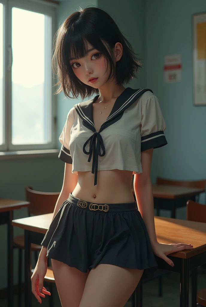 masterpiece, Highest quality, figure, Very detailed, The finer details, High resolution, 8k,wallpaper, Perfect dynamic composition,(Detailed high quality, Realistic depiction of eyes:1.3), From the side, High school classroom、Schoolgirl uniform、blazer 、Super Short Check Uniform Skirt、Navy blue knee-high socks、garter belt、huge 、Disheveled uniform,  short hair, (Wavy Hair:1.2), Short Bob Hair, 20-year-old girl、Cute type, Beautiful feet, Gravure idol pose, Voluptuous thighs and anal　spanking